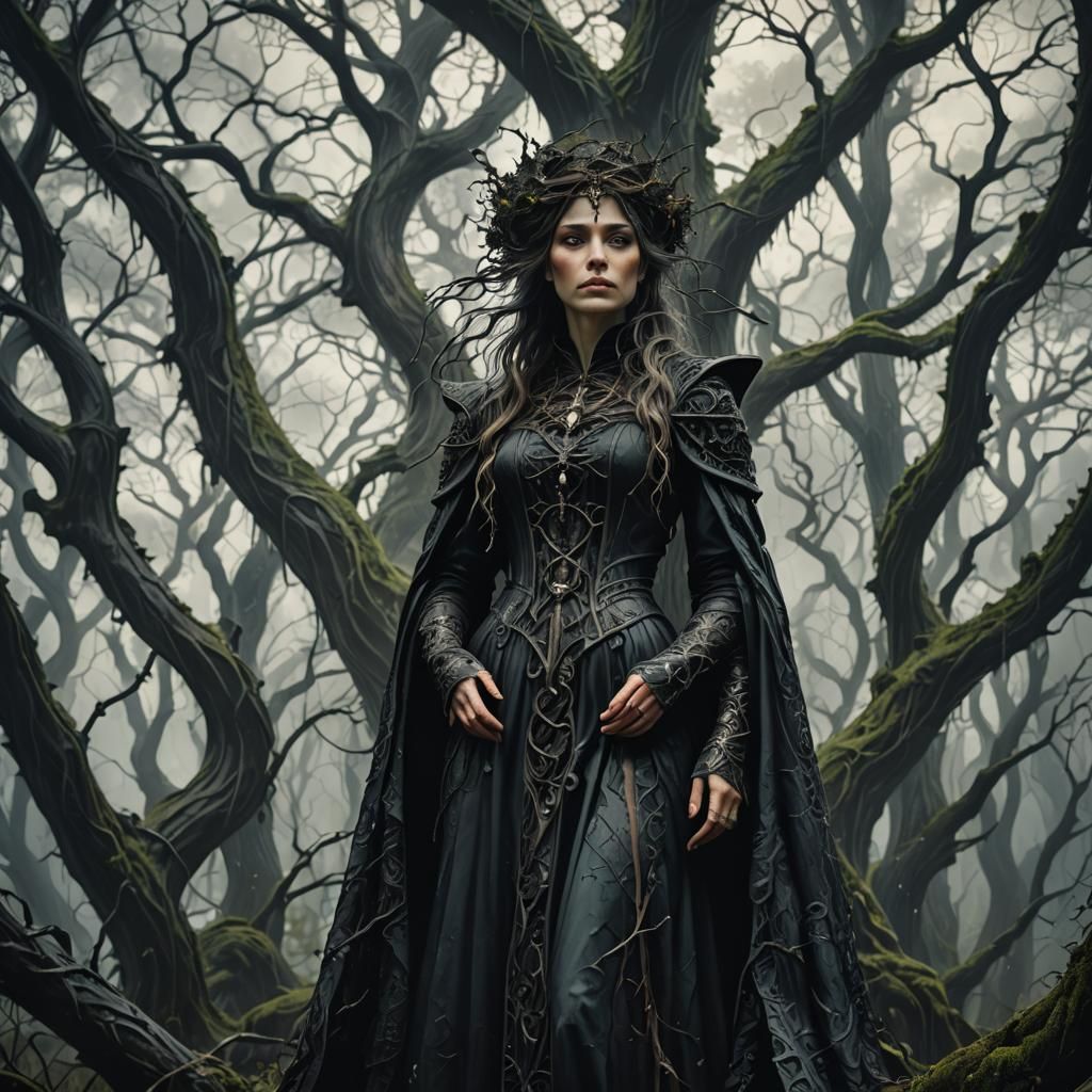 Gothic Woman in Forest, Art Nouveau Style