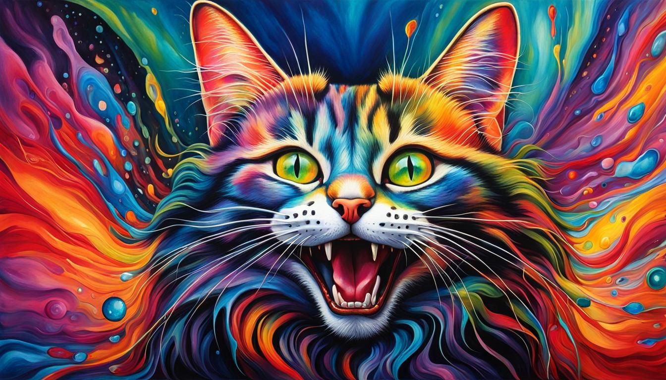 Surreal Melting Cat with Big Grin, Watercolor Art