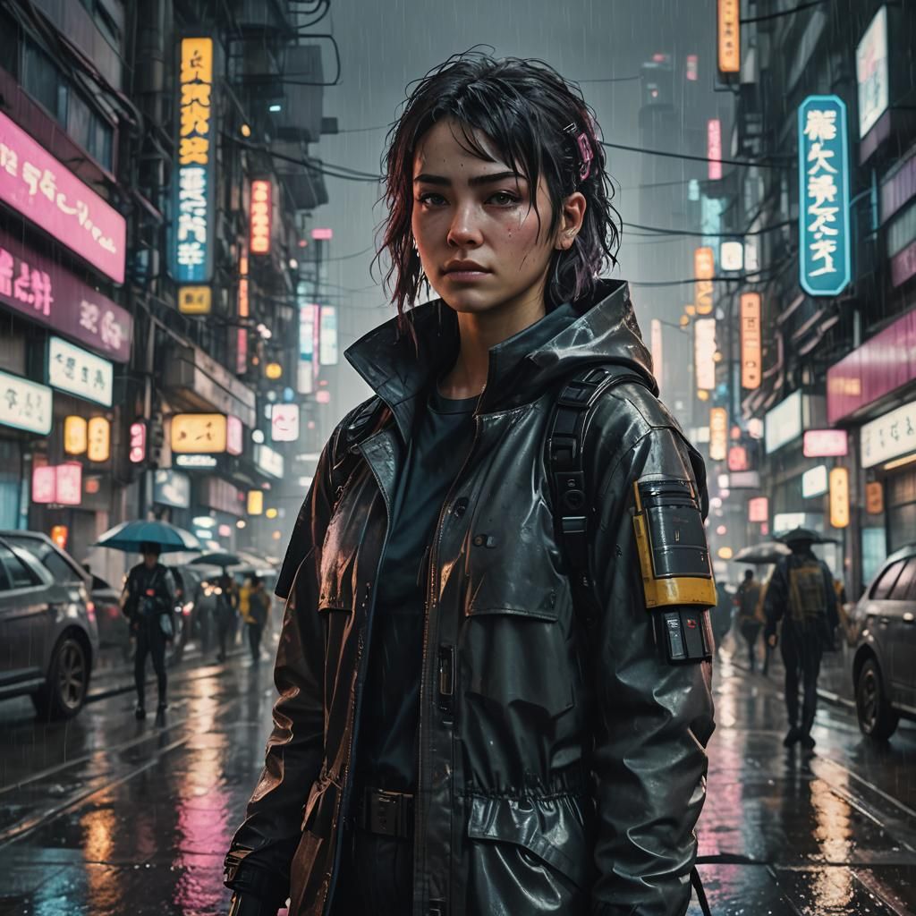 Medium shot of a female sci-fi protagonist in a cyberpunk city on a rainy evening.