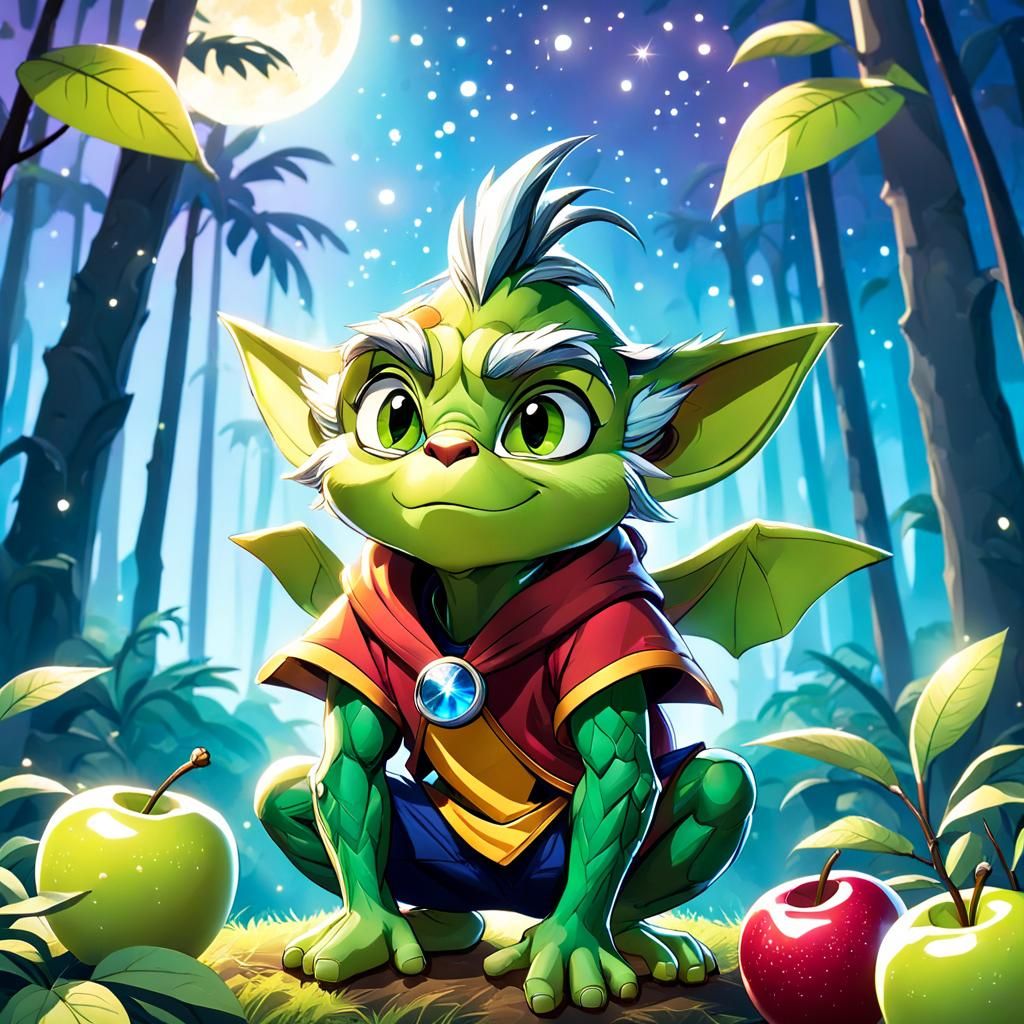 Friendly Green Goblin Eating Apple in Jungle