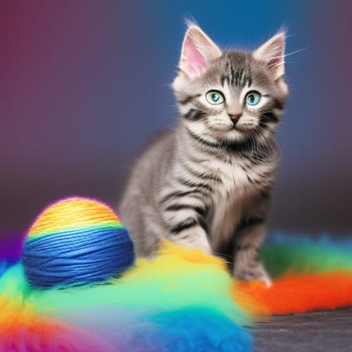 Cute Tabby Kitten Plays with Rainbow Yarn: 8K Rendering
