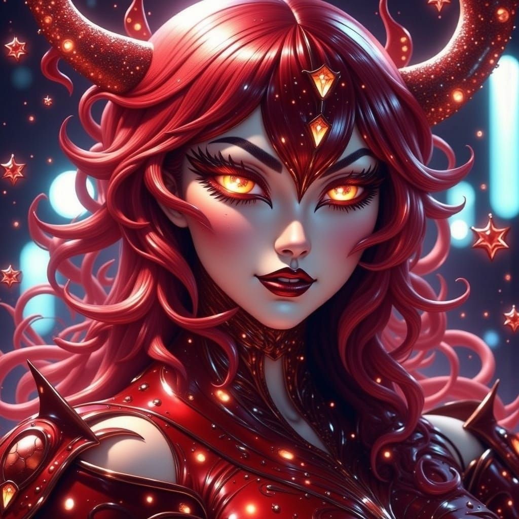 Metallic Figure with Red Hues and Alluring Smirk