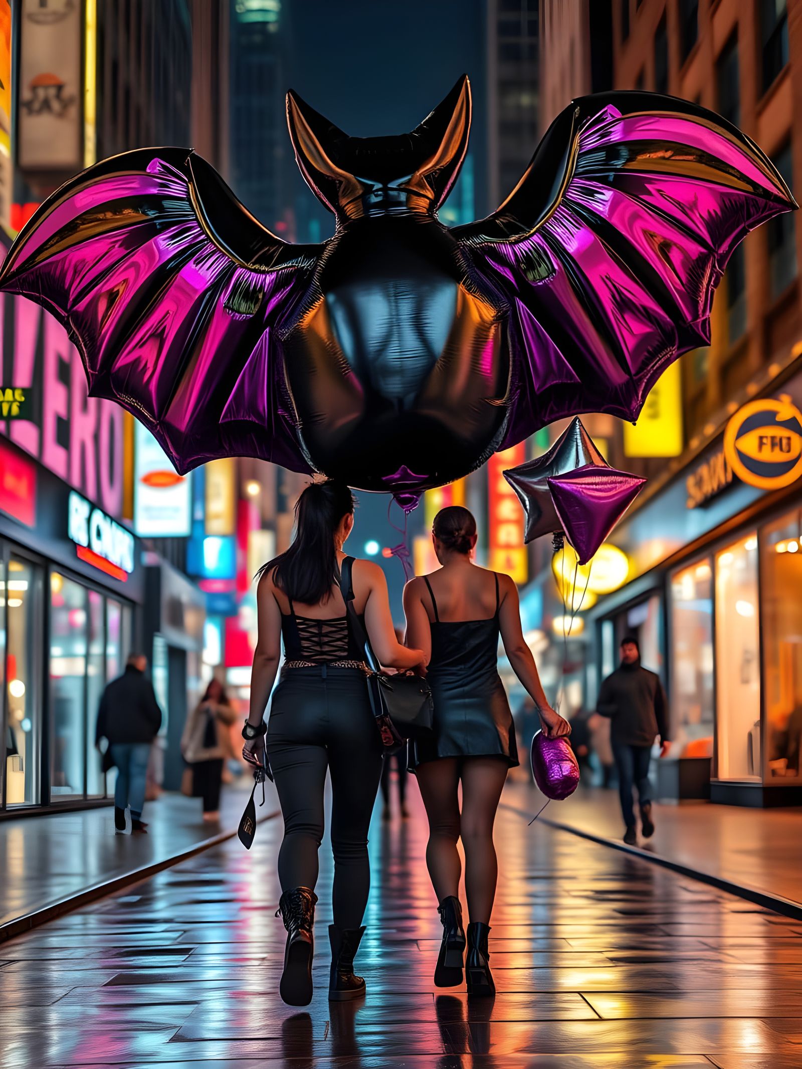 Iridescent Bat Balloon Dominates Neon City Night