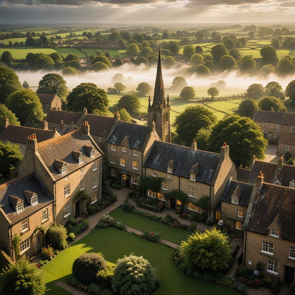Ethereal Yorkshire Town Square Scene in Warm, Golden Light