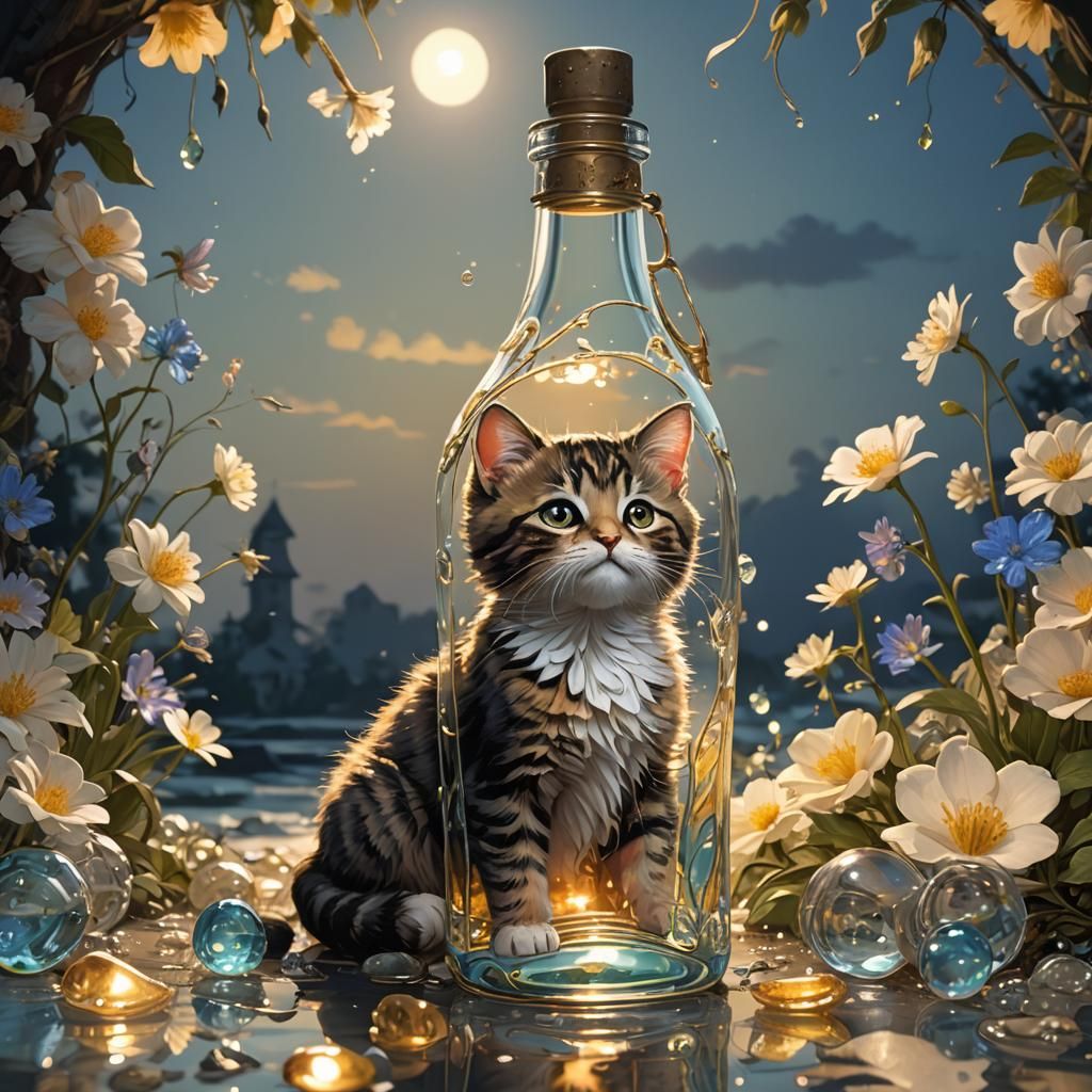 Kitten Bottle at Dawn: Watercolor Concept Art