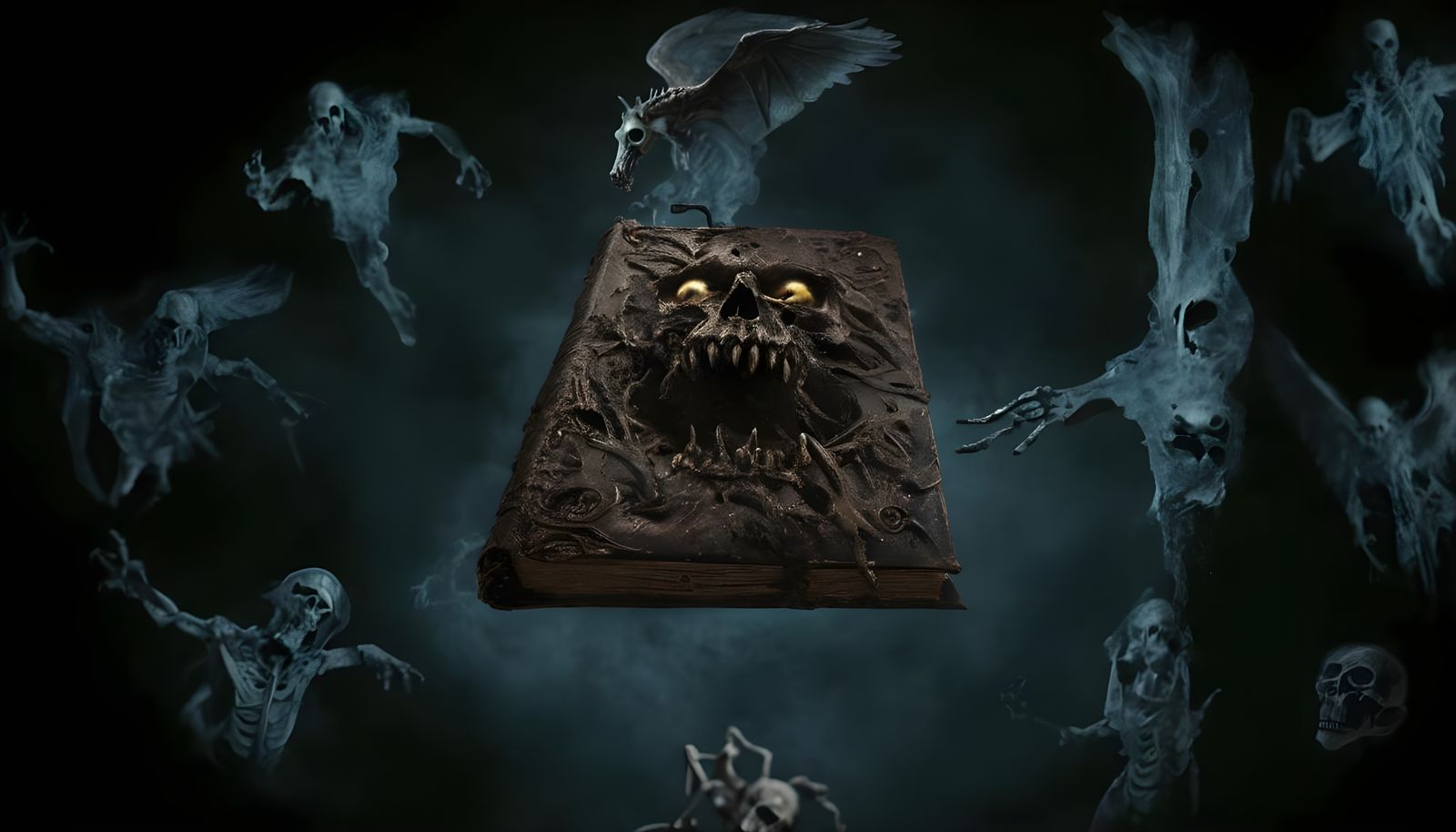 Sinister Necronomicon with Evil Spirits and Skeleton