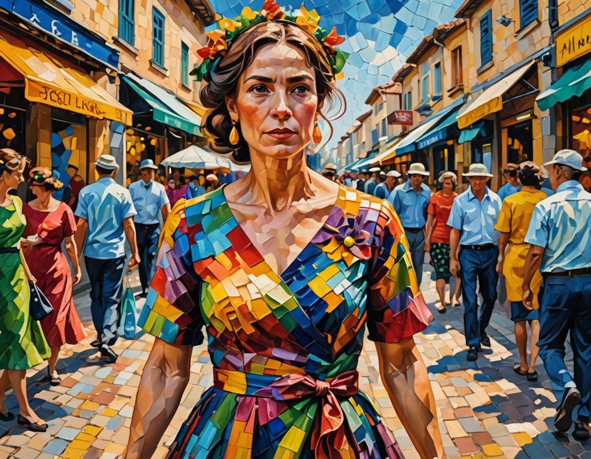 Woman in Market: Neo-Impressionist Oil Painting