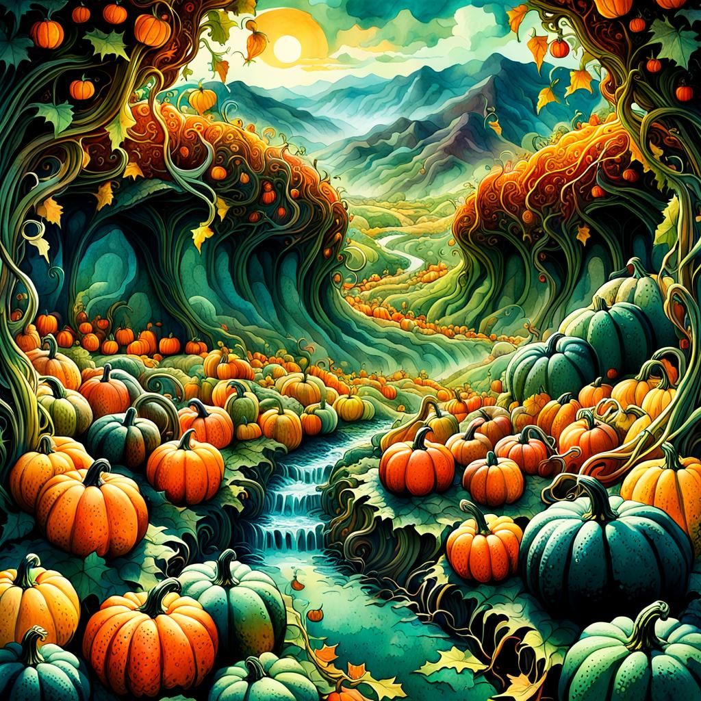 Lush Valley of Pumpkins in Surreal Digital Painting