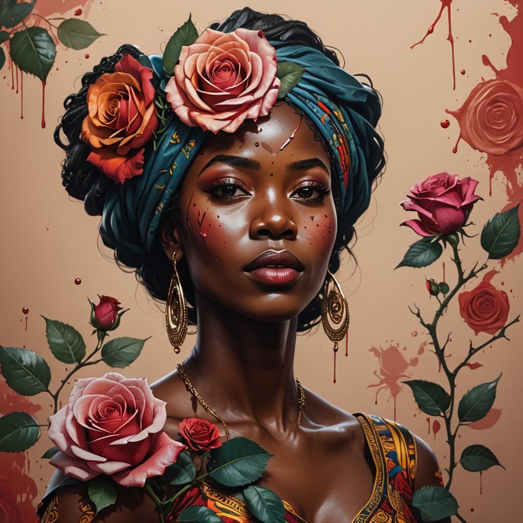 Hyperrealistic African Lady with Rose Splash Art