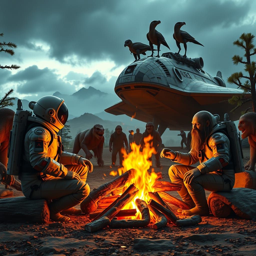 Astronauts Dine with Neanderthals by Campfire