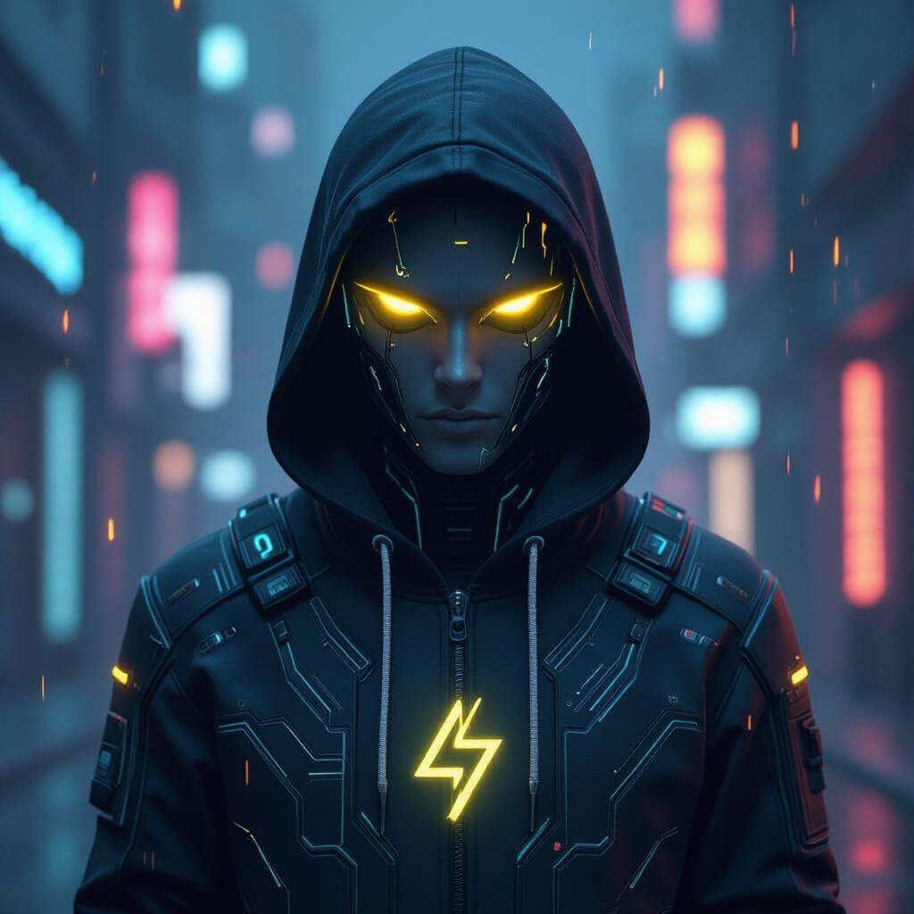 Cyberpunk Avatar with Glowing Eyes and Electric Sparks