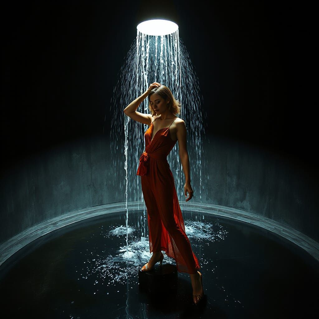 High Fashion Model Poses Under Dramatic Spotlight with Dripp...