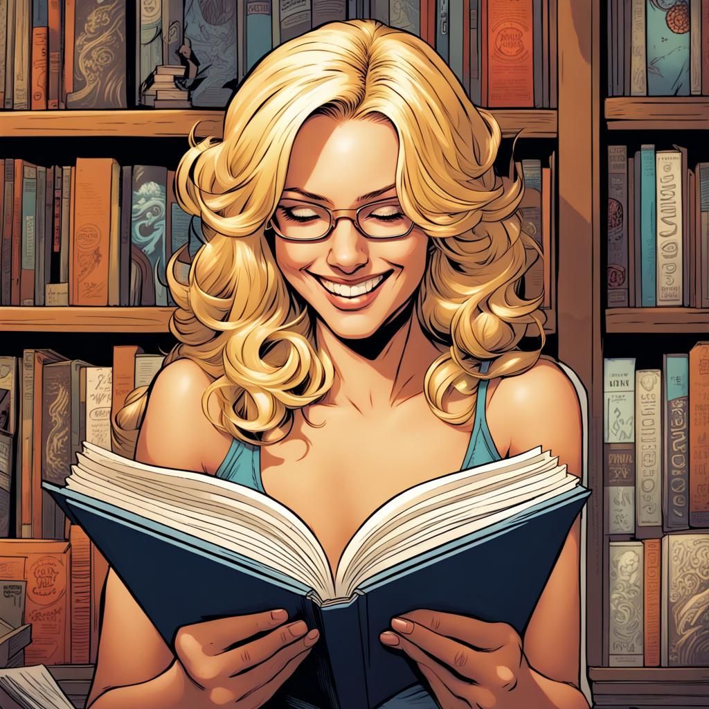 Blonde Woman Reading: Comic Book Art Style