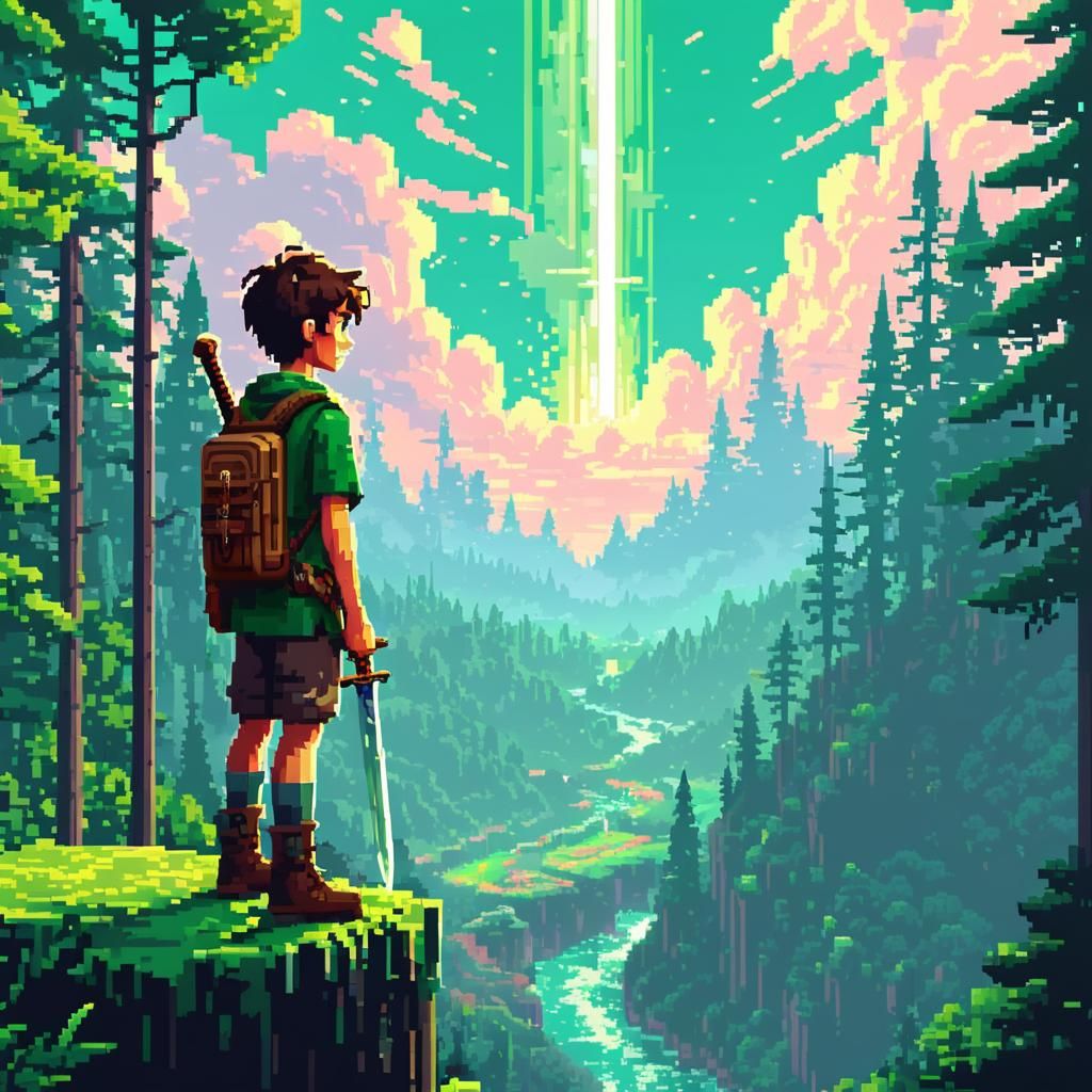 Boy's Forest Adventure in Pixel Art Style