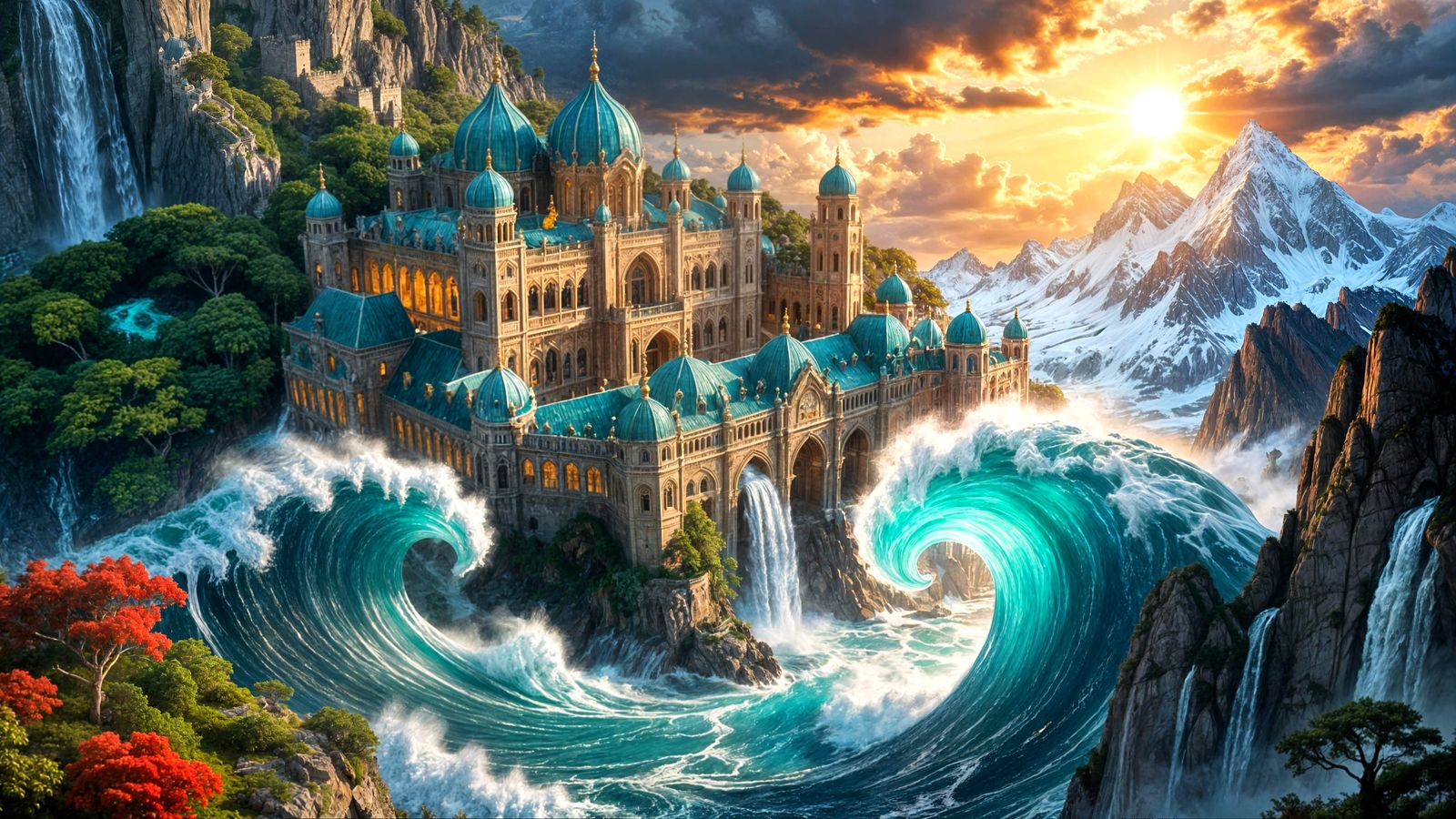 Surreal Fantasy Landscape with Palace and Mountains