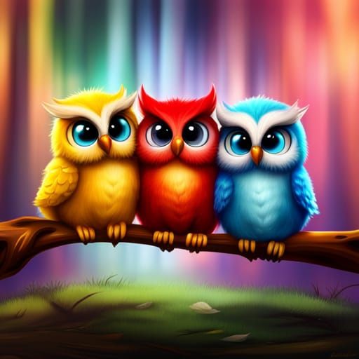 Rainbow Chibi Owls on Branch in Fantasy Forest