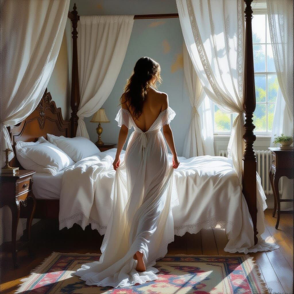 Ethereal Woman in Sheer Gown Walks to Bed in Moonlight