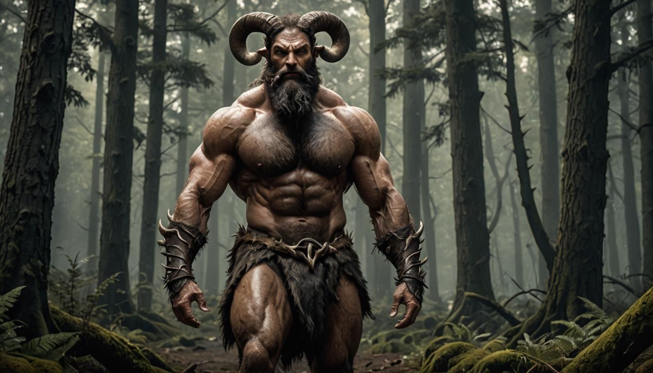Muscular Minotaur in Dark Forest, 8K Resolution