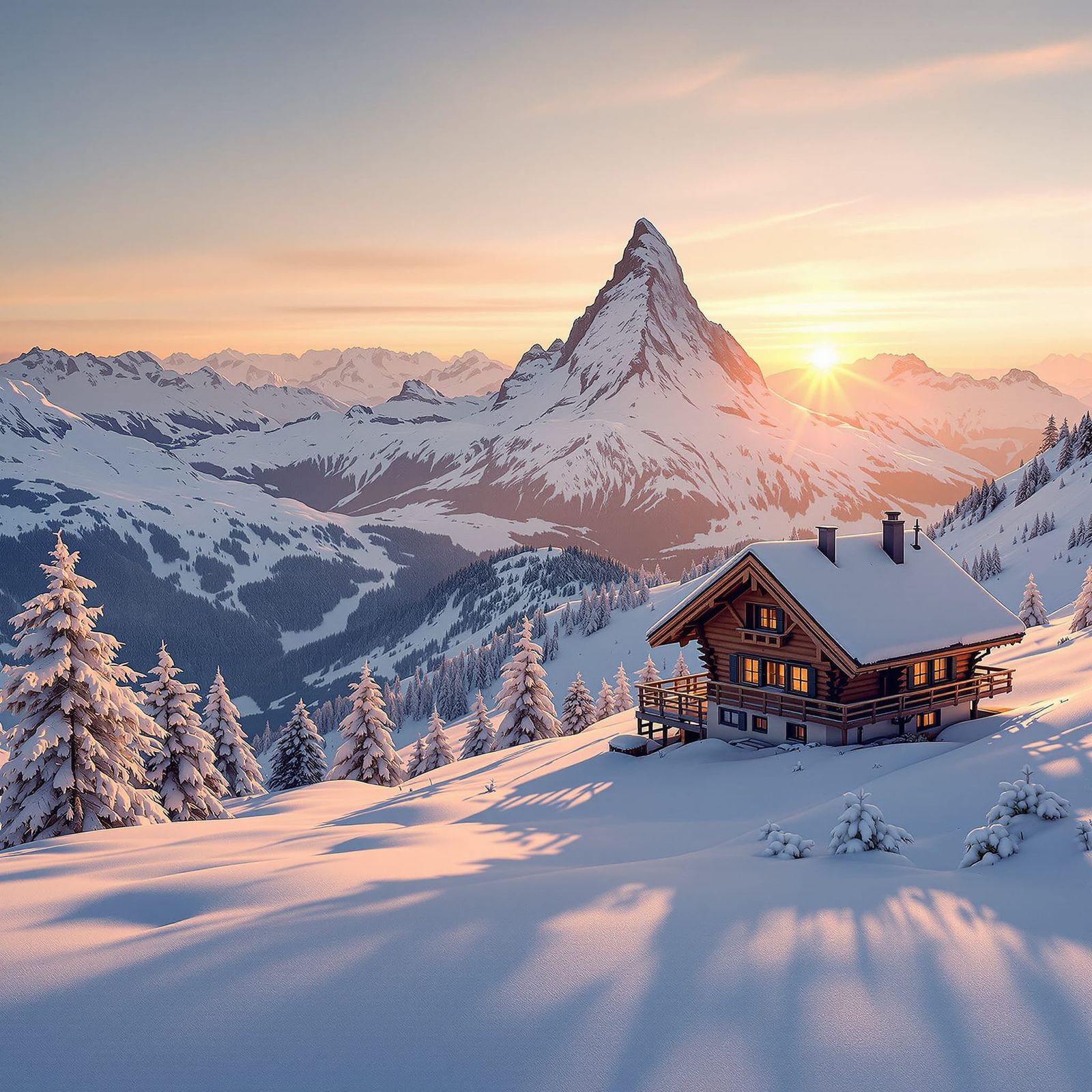Photorealistic Chalet at Matterhorn Sunset