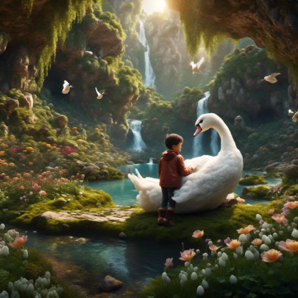 Boy on Swan in Flight: A Fantasy Grotto