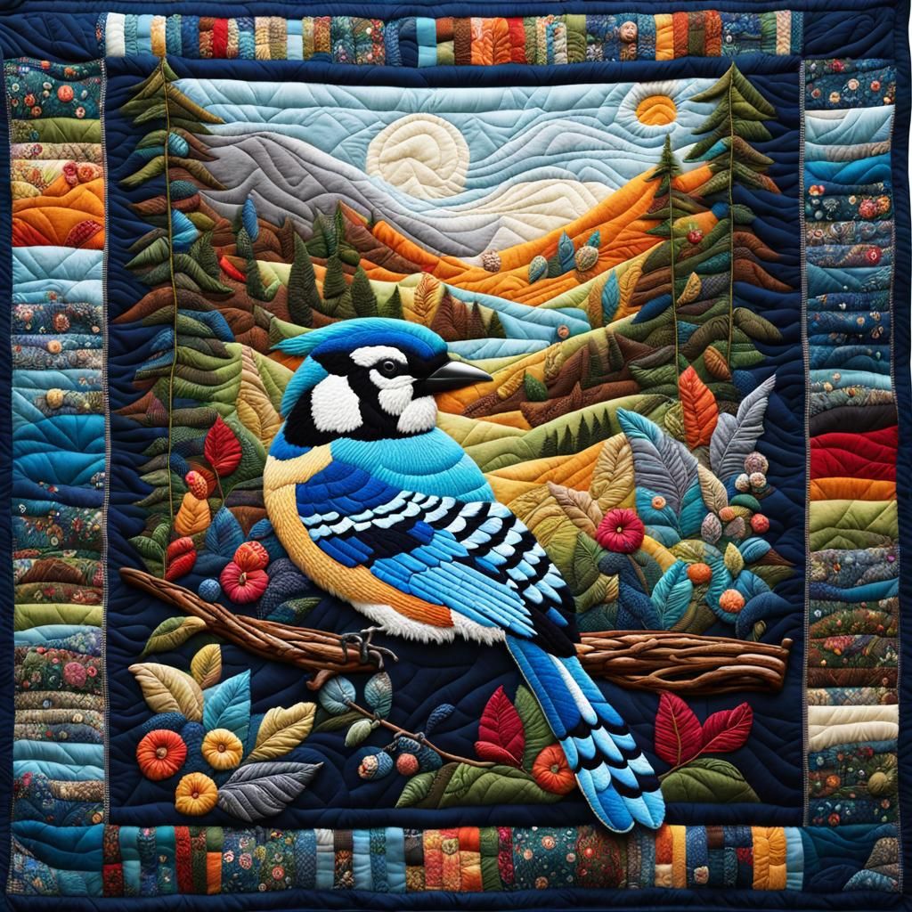 Embroidered Blue Jay on Quilted Patchwork Blanket