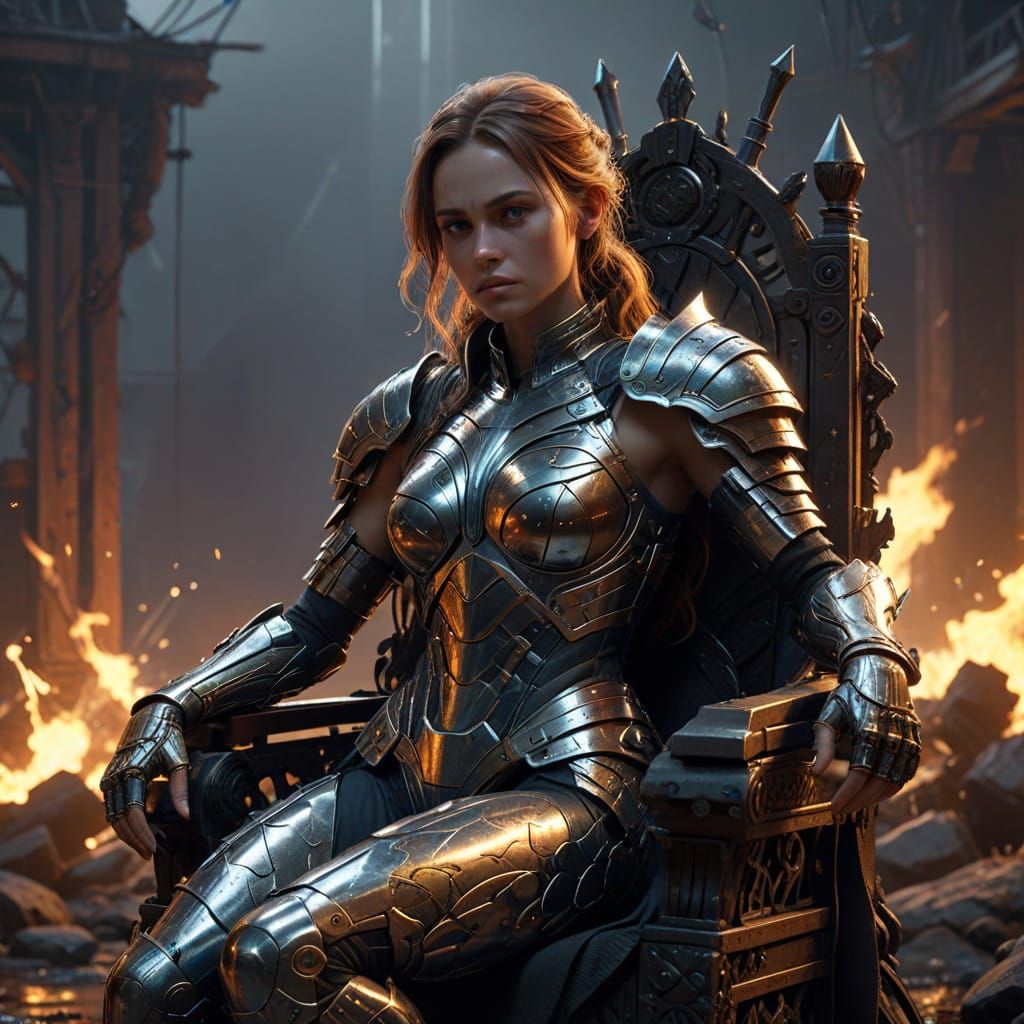 Athletic Regal Woman Reigns Supreme on Ornate Iron Throne