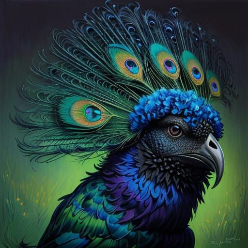 Vibrant Black Toy Poodle with Peacock in Expressive Post-Imp...