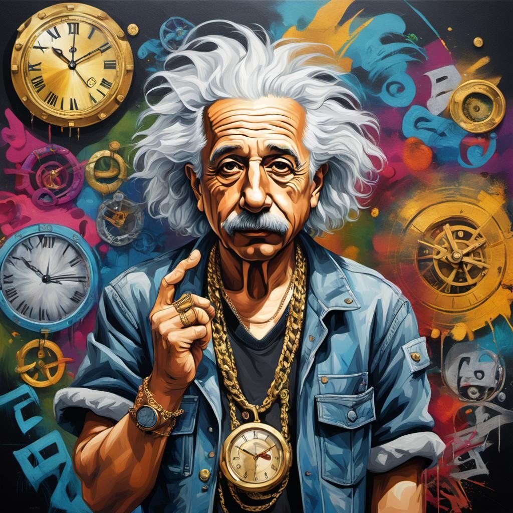 Hyperrealistic, bad , gangster Albert Einstein with a huge clock,shoots with the theory of relativity,with a chain aroun...