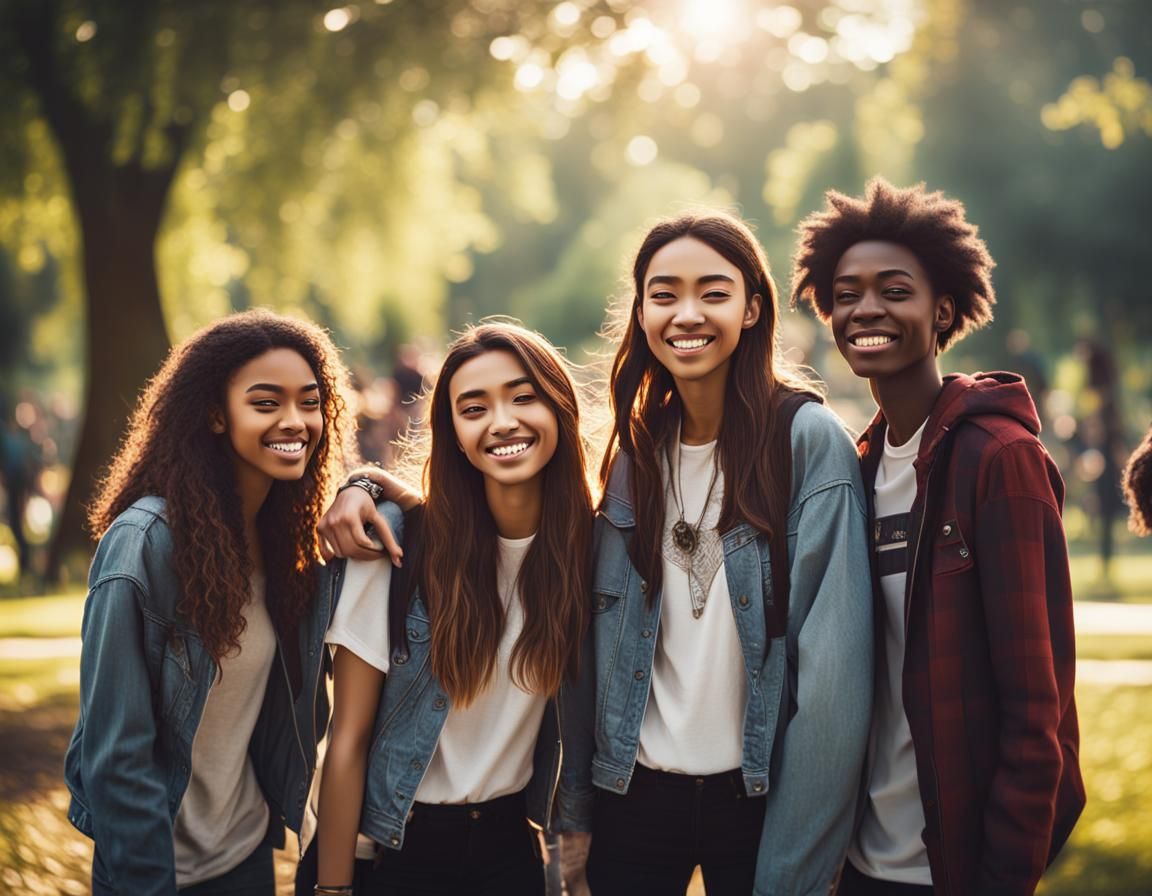 A group of teenage friends having fun hanging out together i...