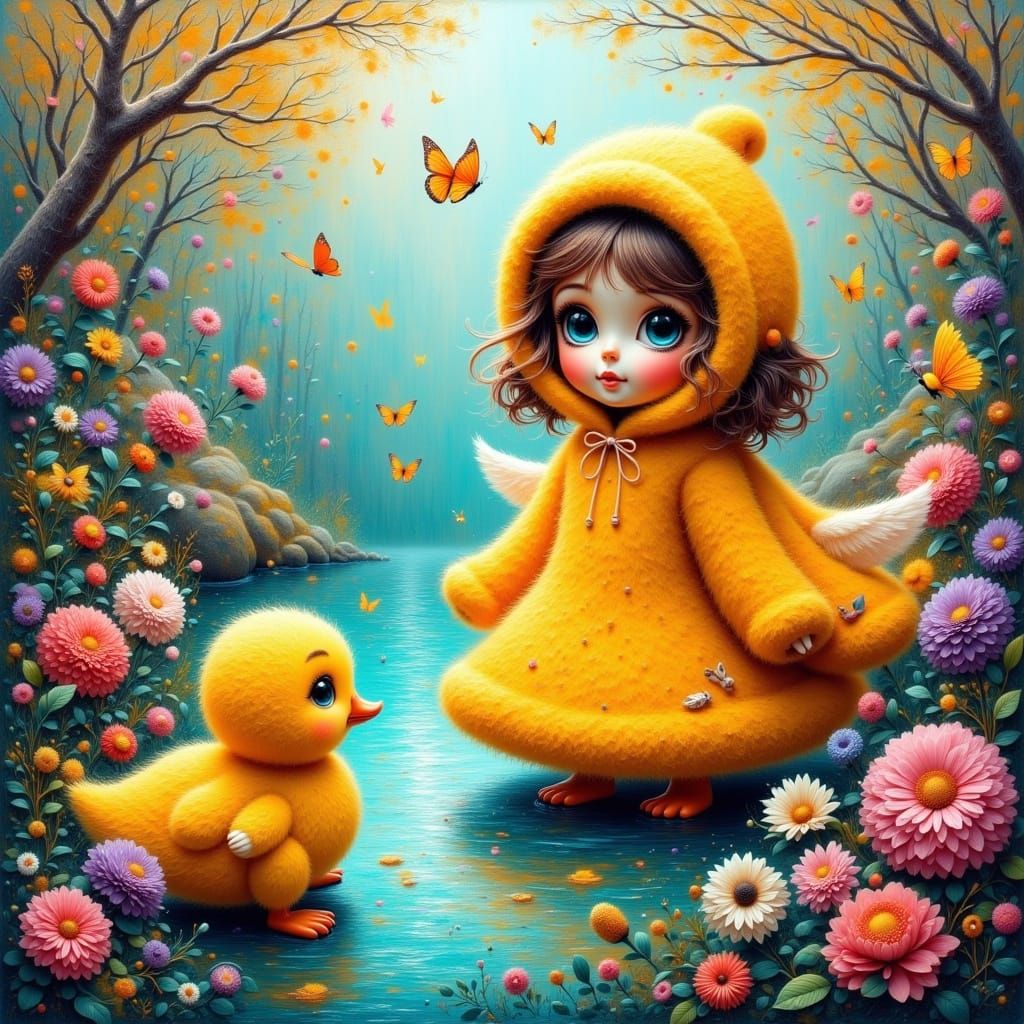 Charming Girl in Duck Costume Mural Art in Garden