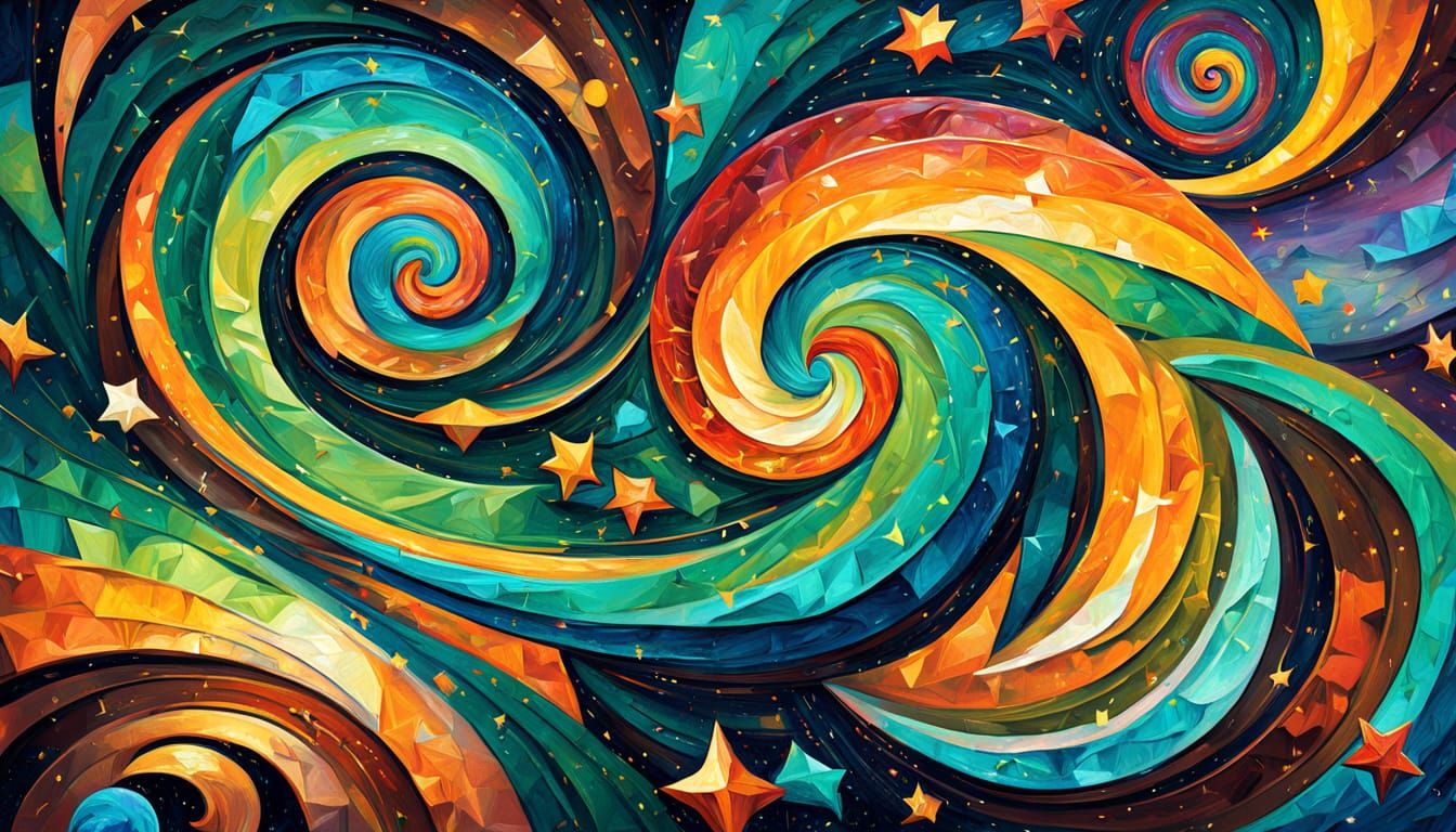 Iridescent Stars Swirl in a Neo-Cubism Style