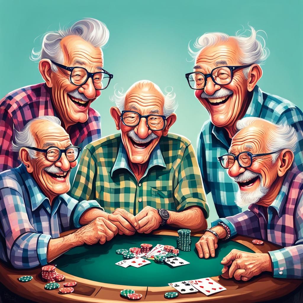 Happy Hipster Grandfathers Play Poker: Cute Caricature