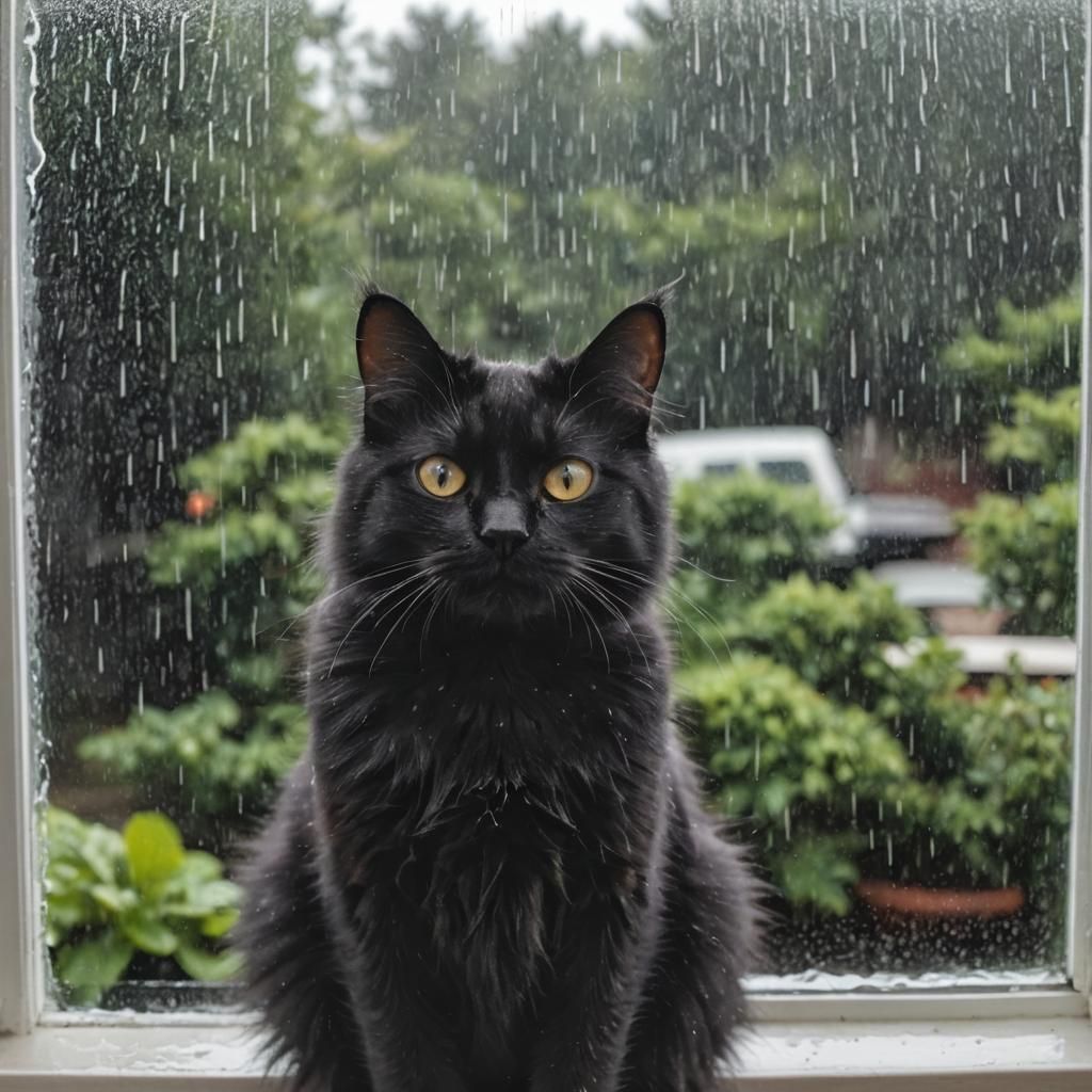 Black Cat Observes Rain from Window