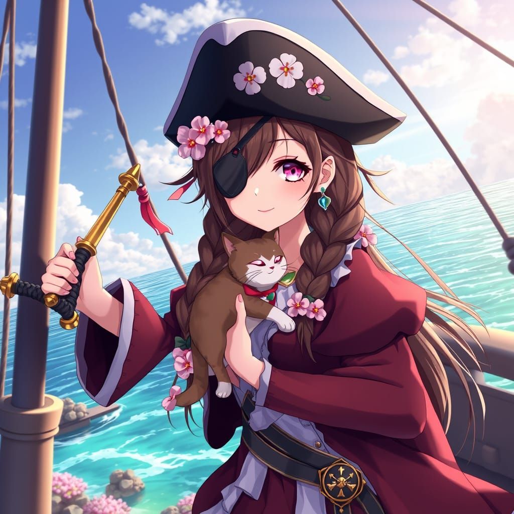 Cherry Blossom Pirate with Cat, Anime 3D Art