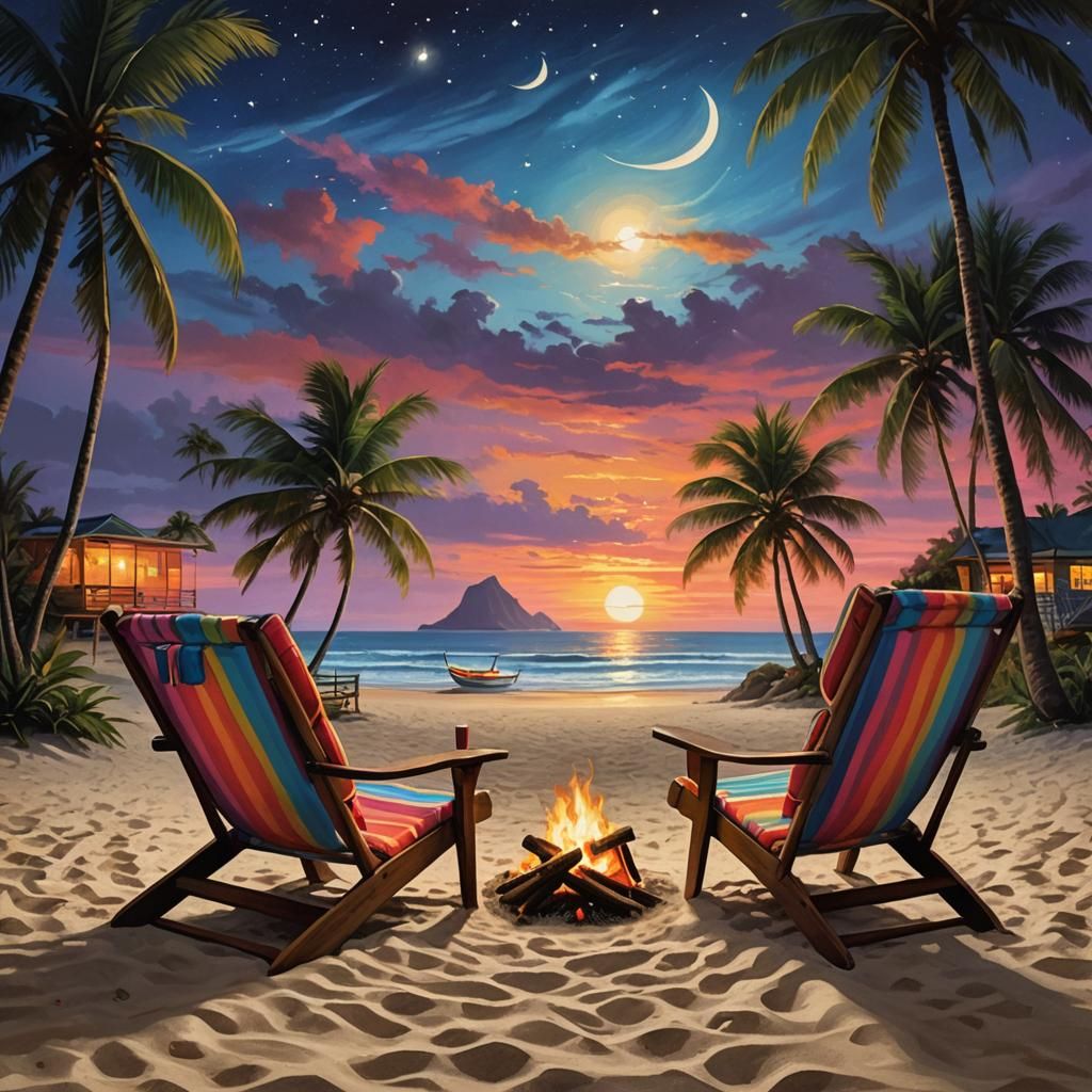 Vibrant Realism Tropical Beach Scene at Twilight