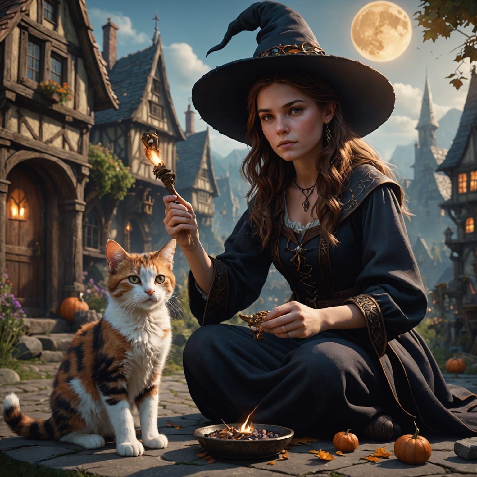 Young Witch and Kitten Fantasy Concept Art