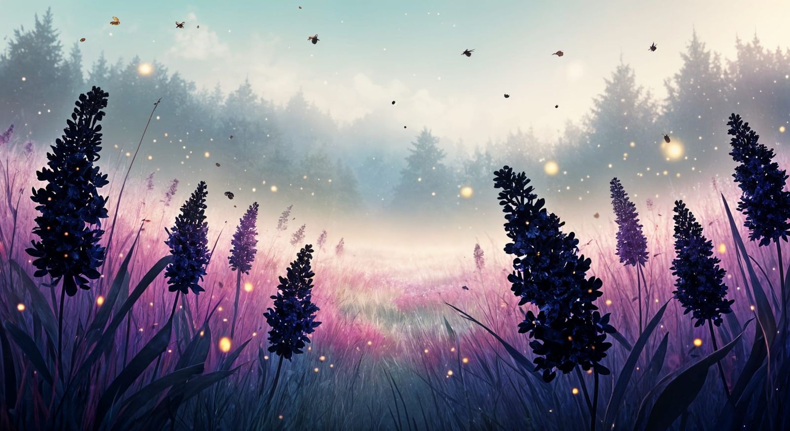 Dreamy Meadow with Lilac Flowers and Fireflies