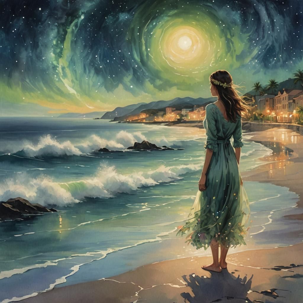 Coastal Dreamer Gazes at Starry Sky in Digital Art