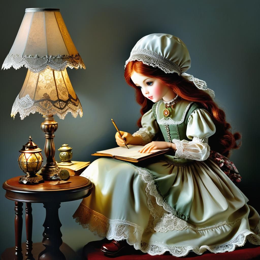 Doll Writes Letter Under Lace Lampshade