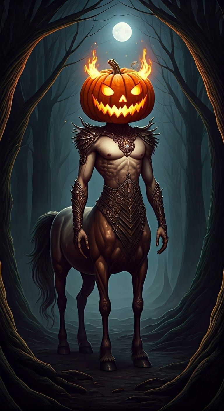 Jack-o'-Lantern Centaur in Mystical Forest, Surreal Digital ...