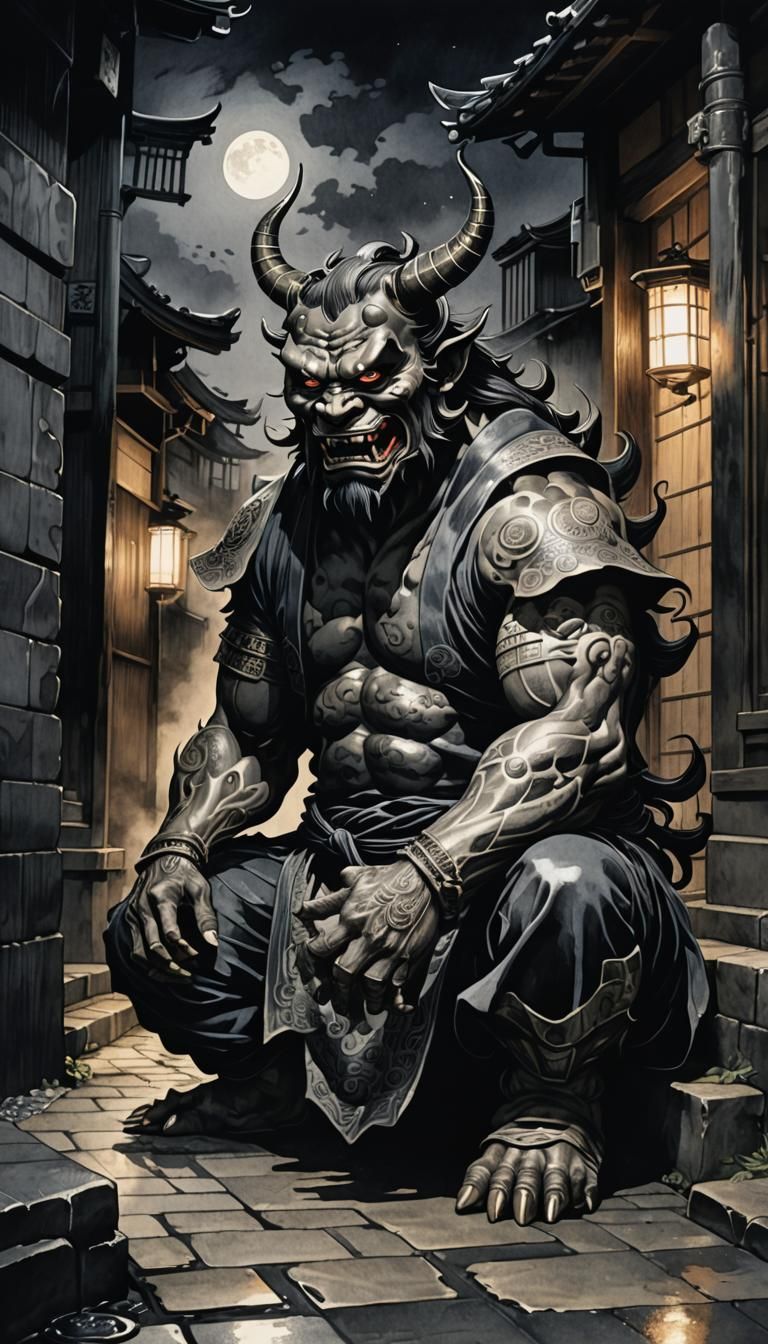 Japanese Oni Demon in Ink Wash Illustration