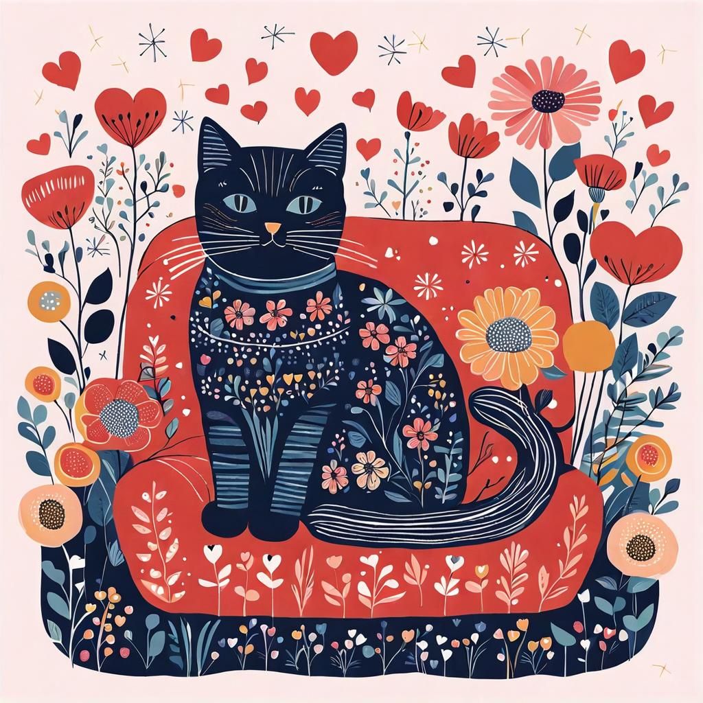 Cute Cat Surrounded by Flowers in Textile Design