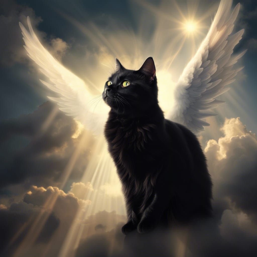 Black Cat Ascends to Heaven with Angel Wings