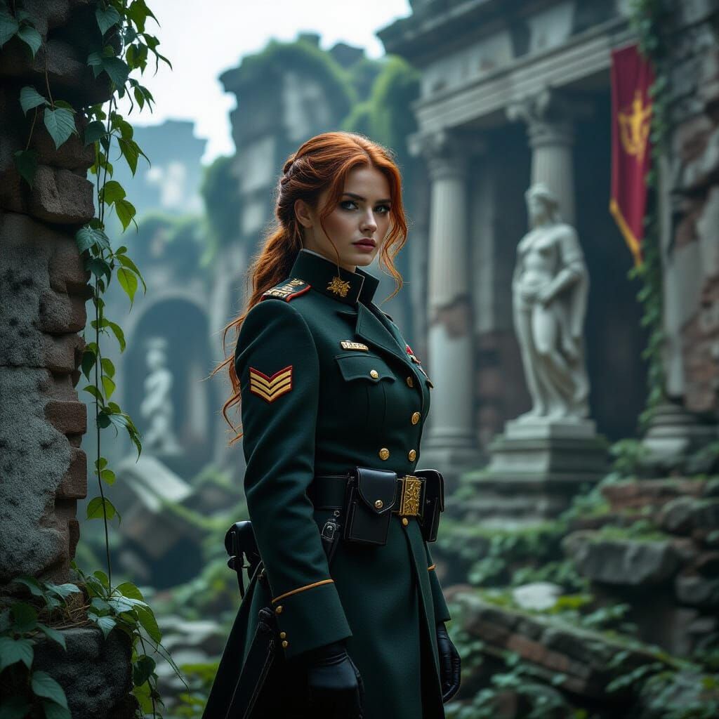 Red-Haired Officer in Overgrown Ancient City Ruins