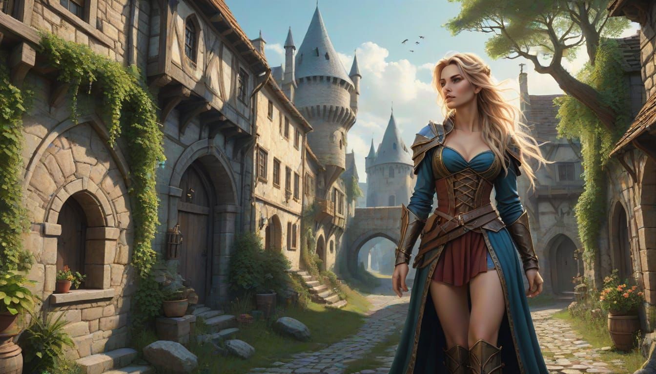 Fantasy Adventurer Near Medieval Buildings in Hyperrealism