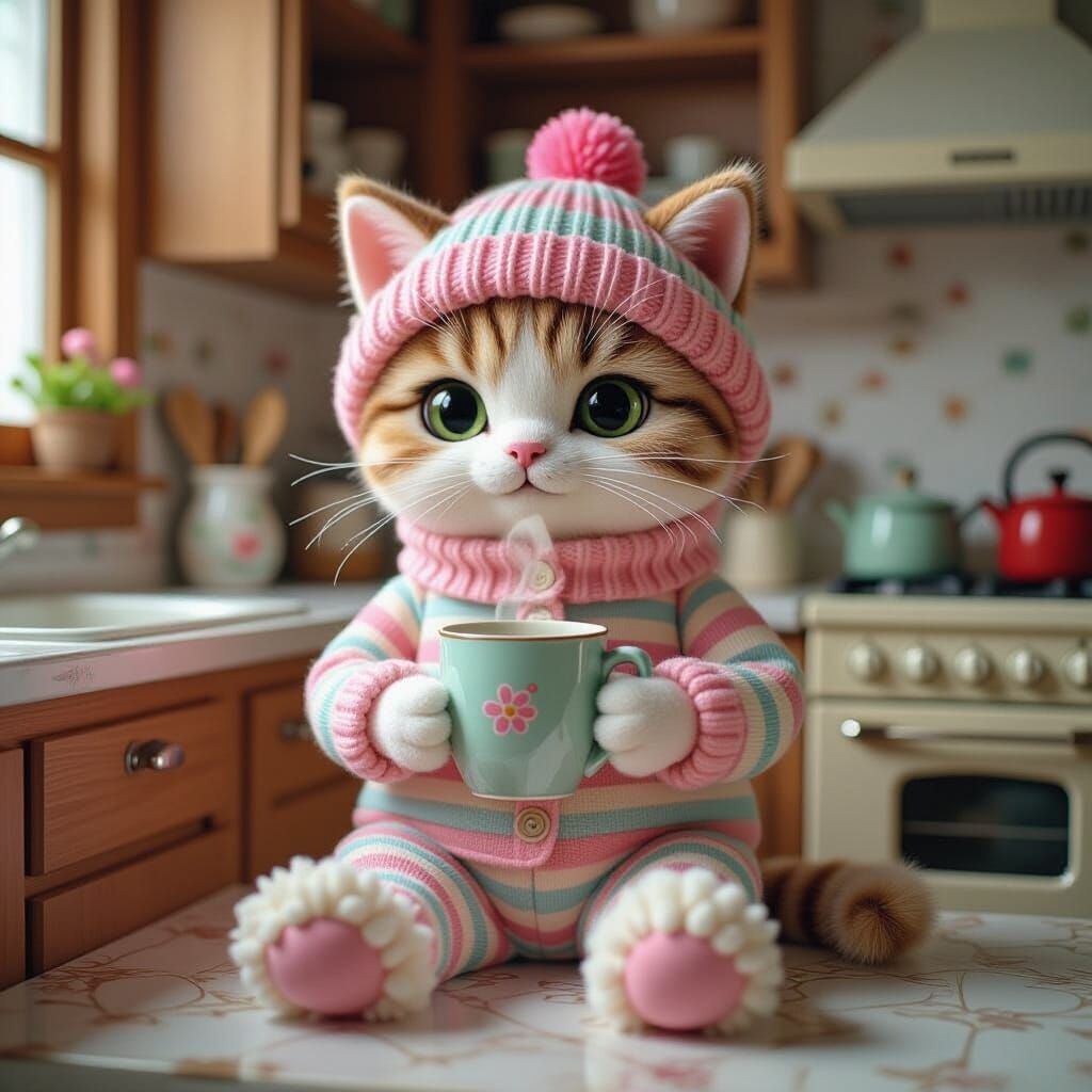 Felt Cat in Pajamas in Maximalist Digital Painting