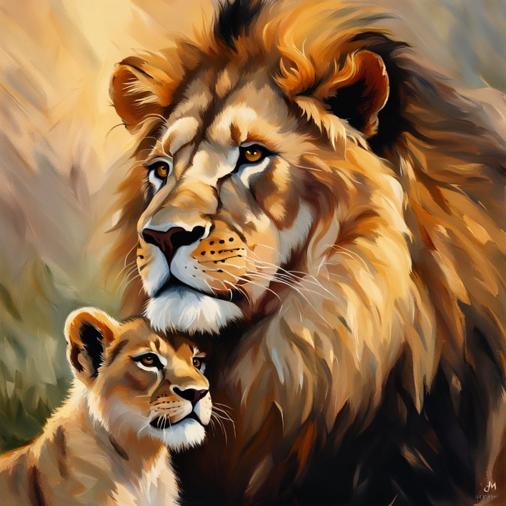 A Lion Touching His Cub, Soft Touch on His Nose. 1815 Style....