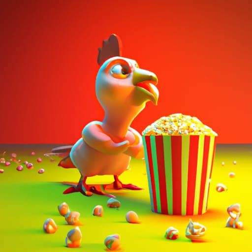 Chicken Eating Popcorn in Pixar Style