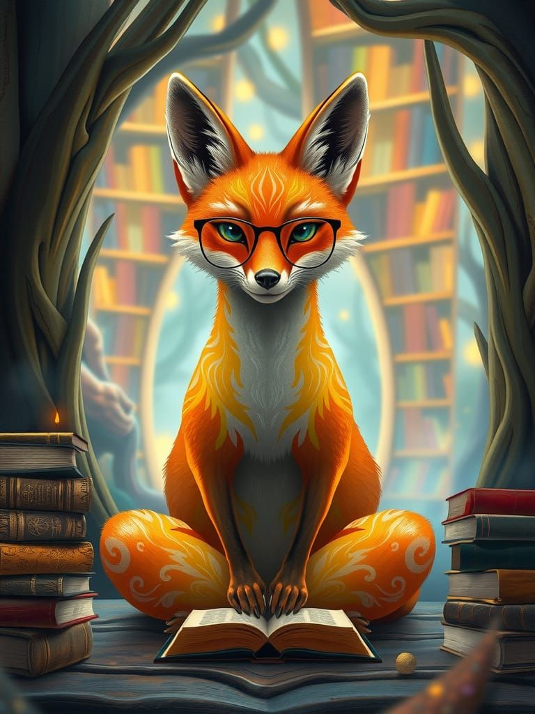 Wise fox in her tree library