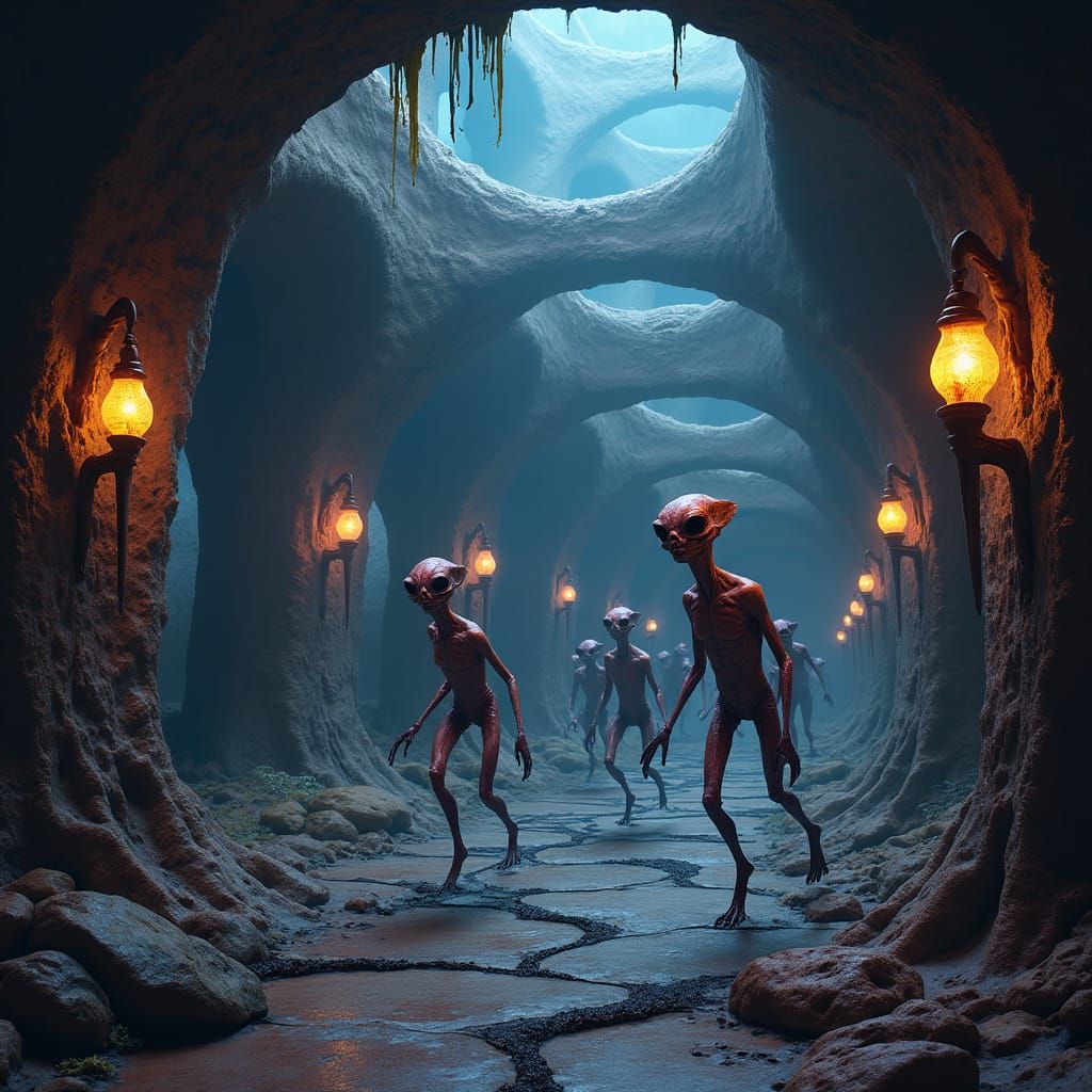 Eerie Alien Labyrinth: Grotesque Escape in 80s Sci-Fi Style